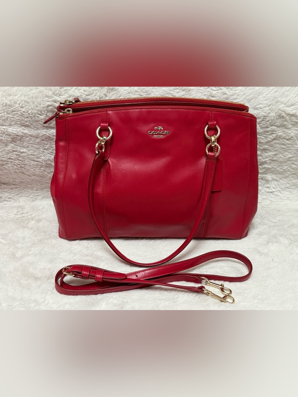 COACH Large Christie Carryall Red Leather Tote with Gold-Tone Hardware